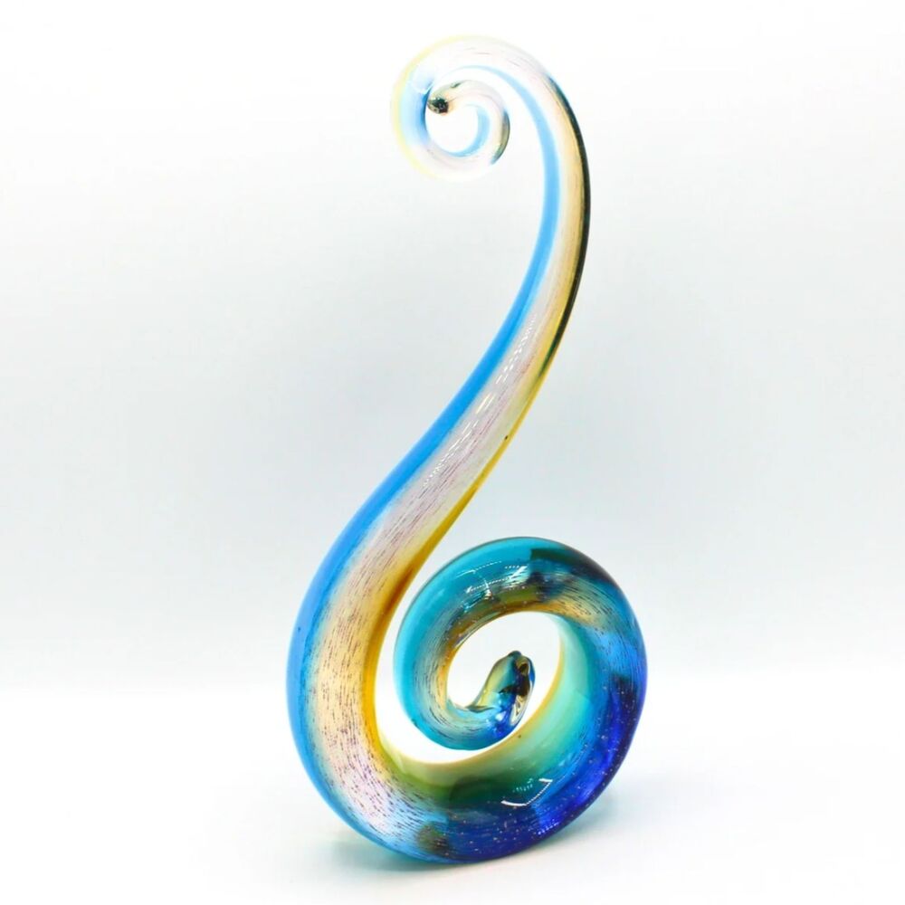 Vintage Murano Style Art Glass Sculpture Blue Amber Abstract Swirl Wave Design